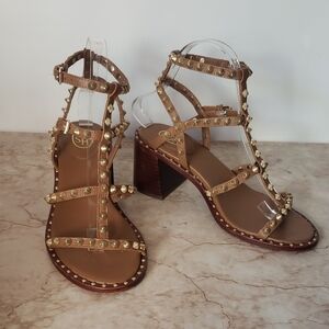 ASH Jen Studded Tan Block Heel Ankle Straps Sandals Size 37